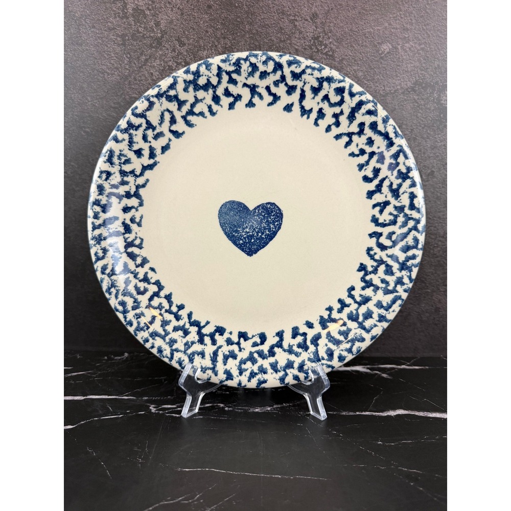 VTG Tienshen Folk Craft Hearts Blue White Spongeware 10 3/8in Dinner Plate READ